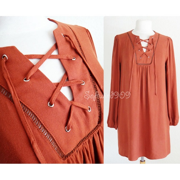 Timing Dresses & Skirts - Rust Laced Up Long Sleeves BOHO Flowy Shift Dress